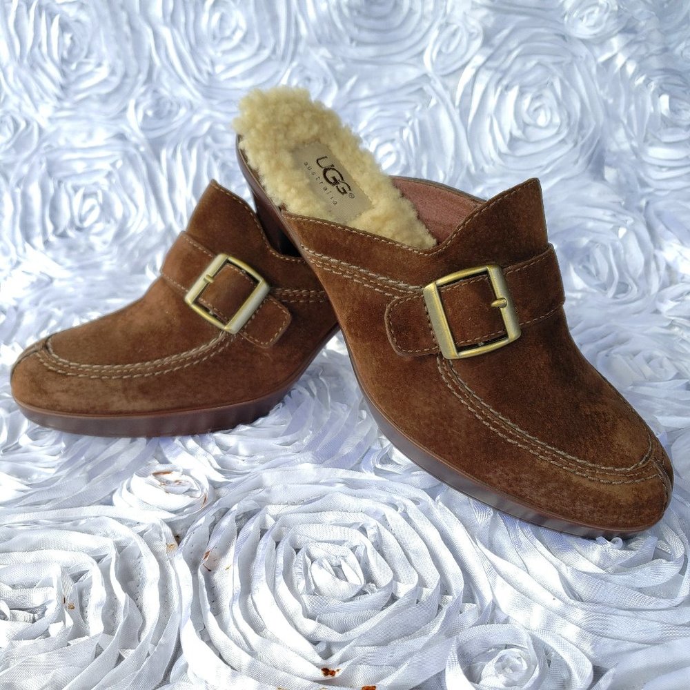 UGG Isabella Brown Leather Mules Heels Sherpa Sheepskin Buckle Shoes Womens Sz 7